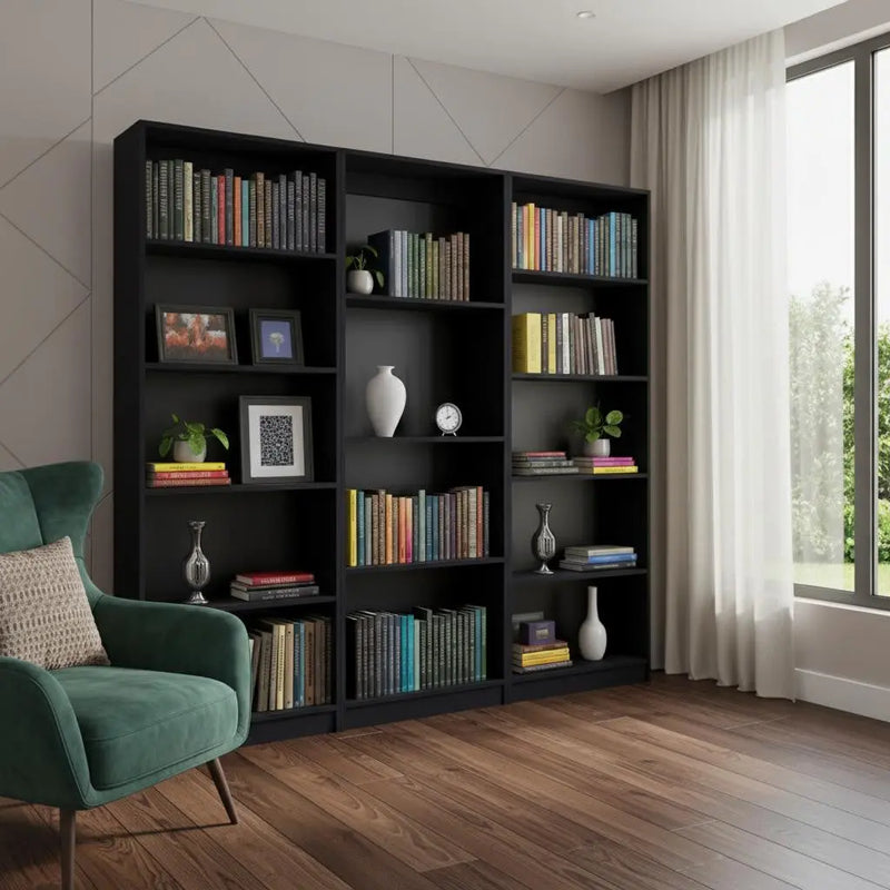 Set of Three Black Wood Four Tier Bookcases Homeroots Office