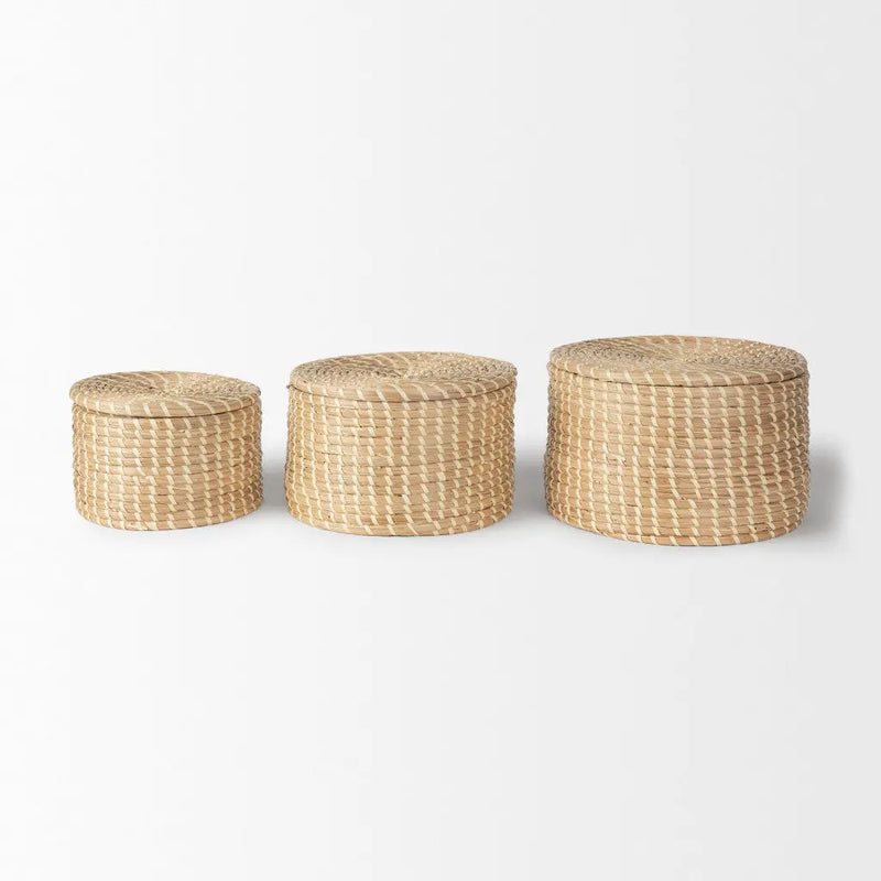 Set of Three Brown Seagrass Organizing Box With Lid Homeroots Office