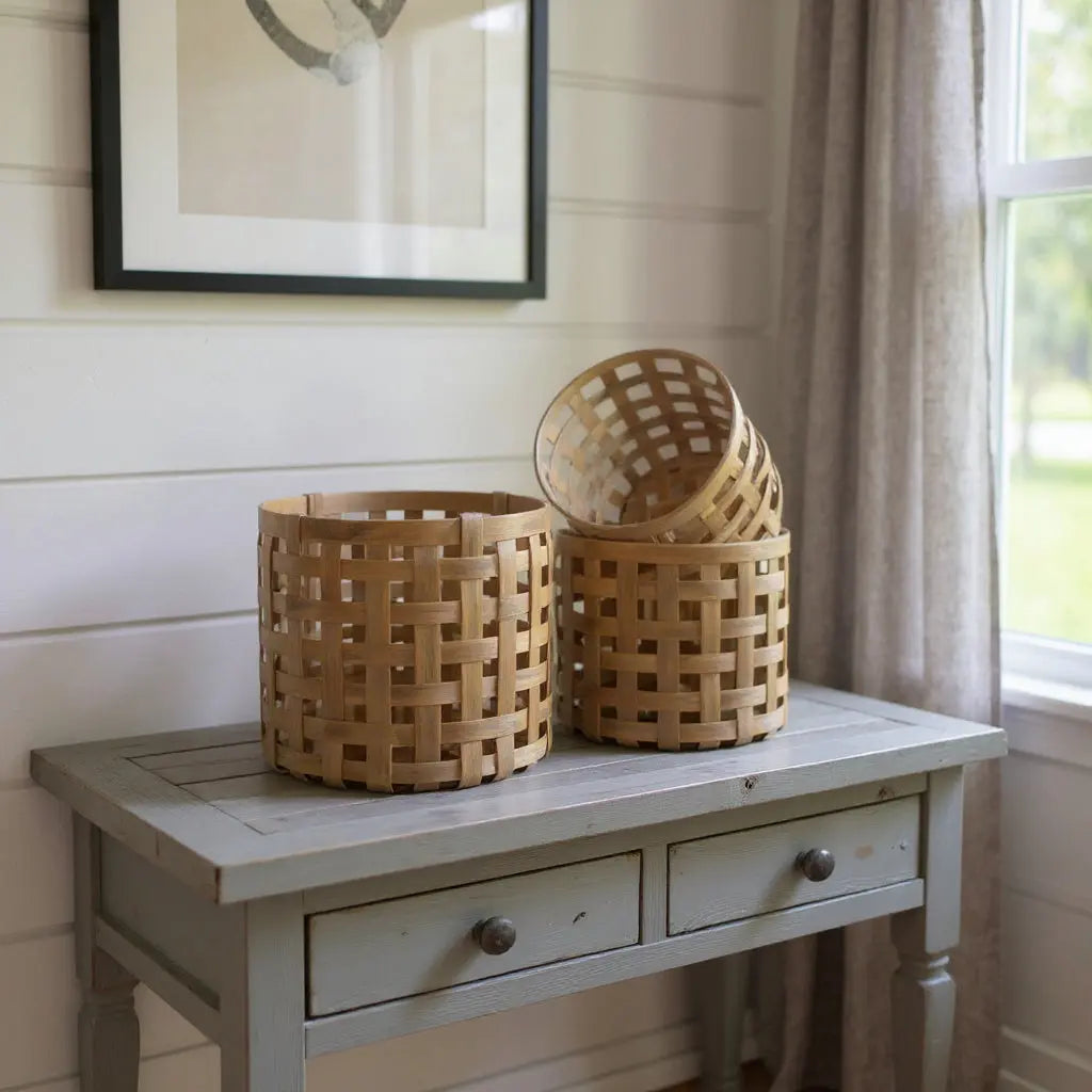 Set of Three Brown Solid Wood Basket Homeroots Office