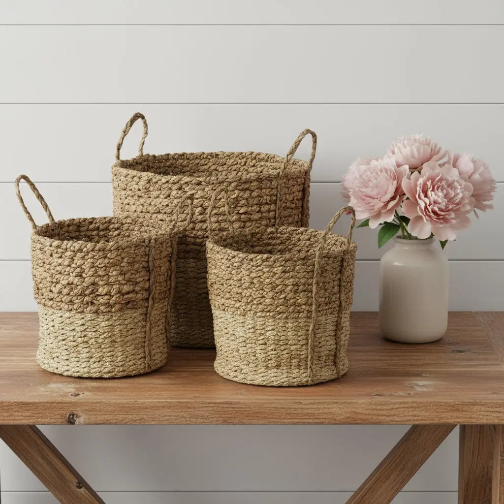 Set of Three Brown Wicker Basket Homeroots Office