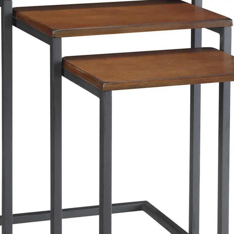 Set of Three Brown and Black Distressed Solid Wood and Metal Frame Nested Tables Homeroots Living Room