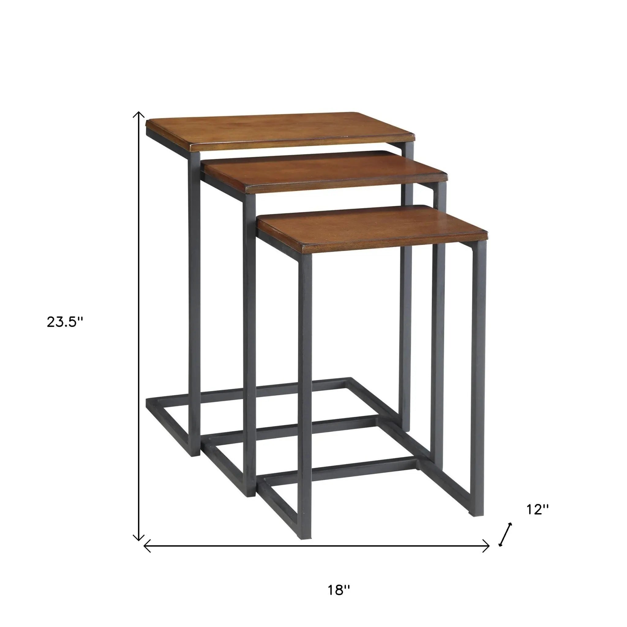 Set of Three Brown and Black Distressed Solid Wood and Metal Frame Nested Tables Homeroots Living Room