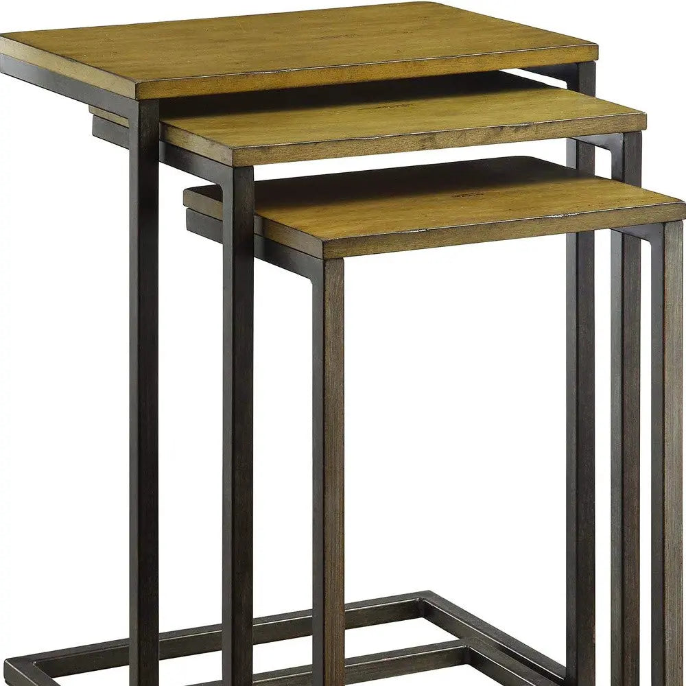 Set of Three Brown and Black Distressed Solid Wood and Steel Frame Nested Tables Homeroots Living Room