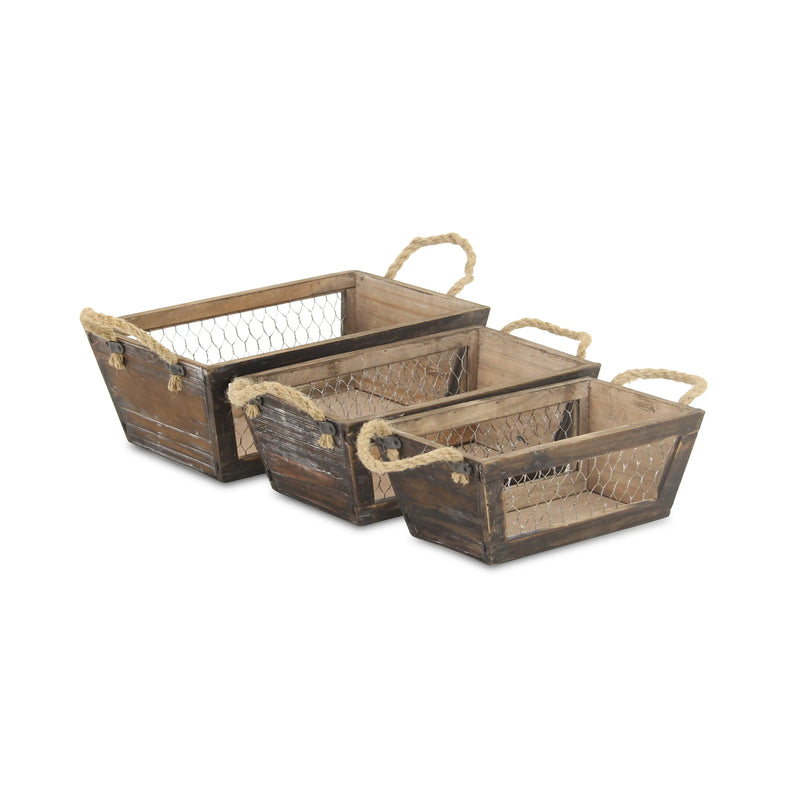 Set of Three Dark Brown Nesting Solid Wood And Metal Crate Homeroots Office