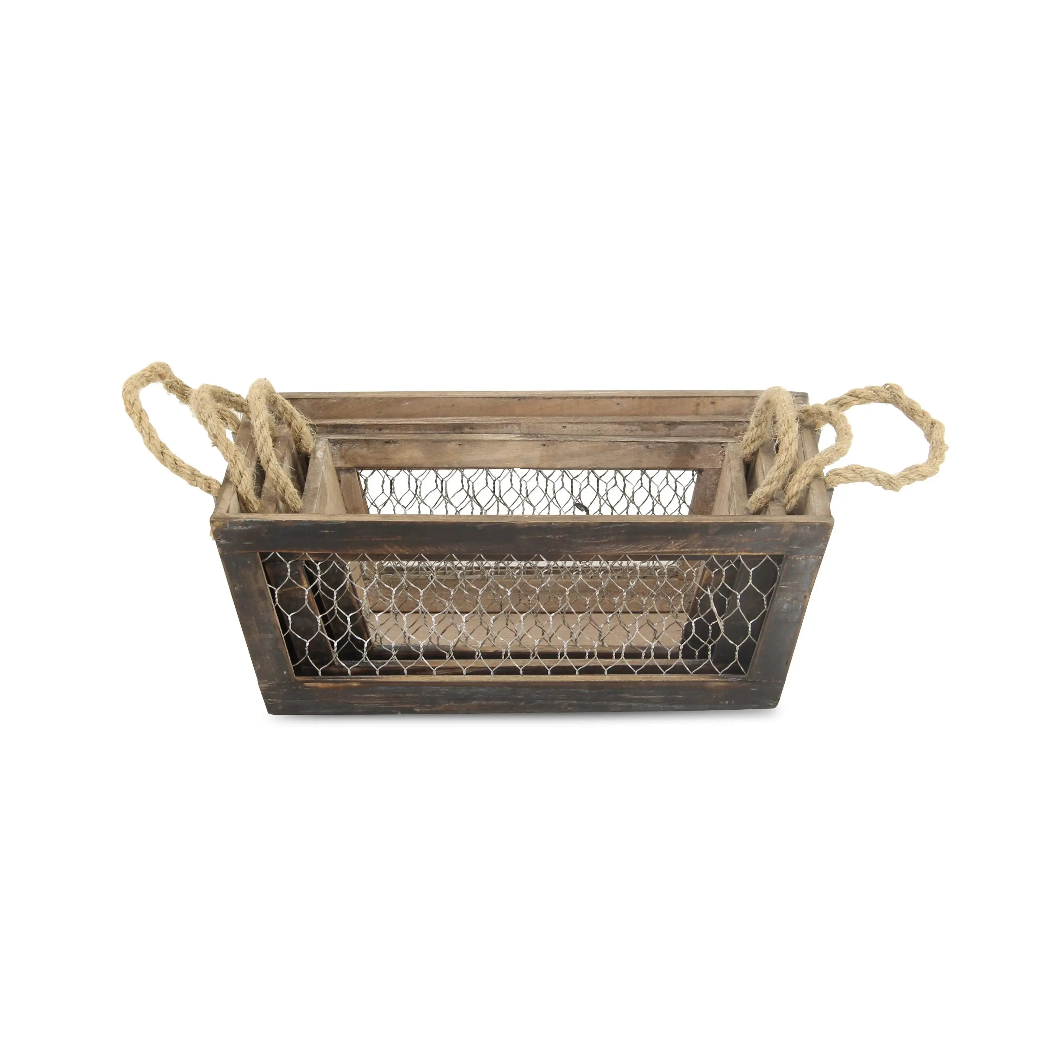 Set of Three Dark Brown Nesting Solid Wood And Metal Crate Homeroots Office