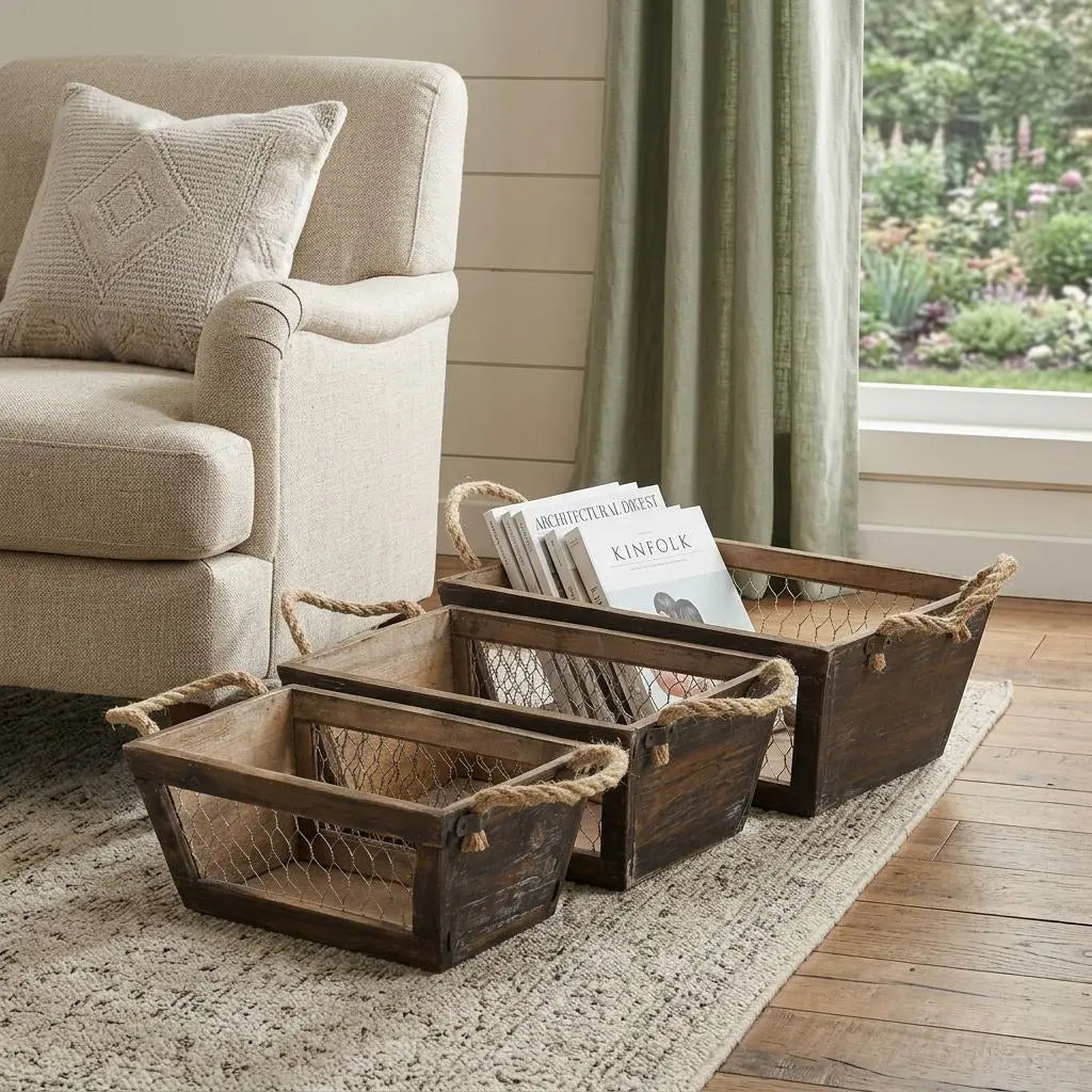 Set of Three Dark Brown Nesting Solid Wood And Metal Crate Homeroots Office