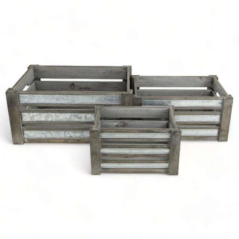 Set of Three Gray Nesting Solid Wood And Metal Crate Homeroots Office