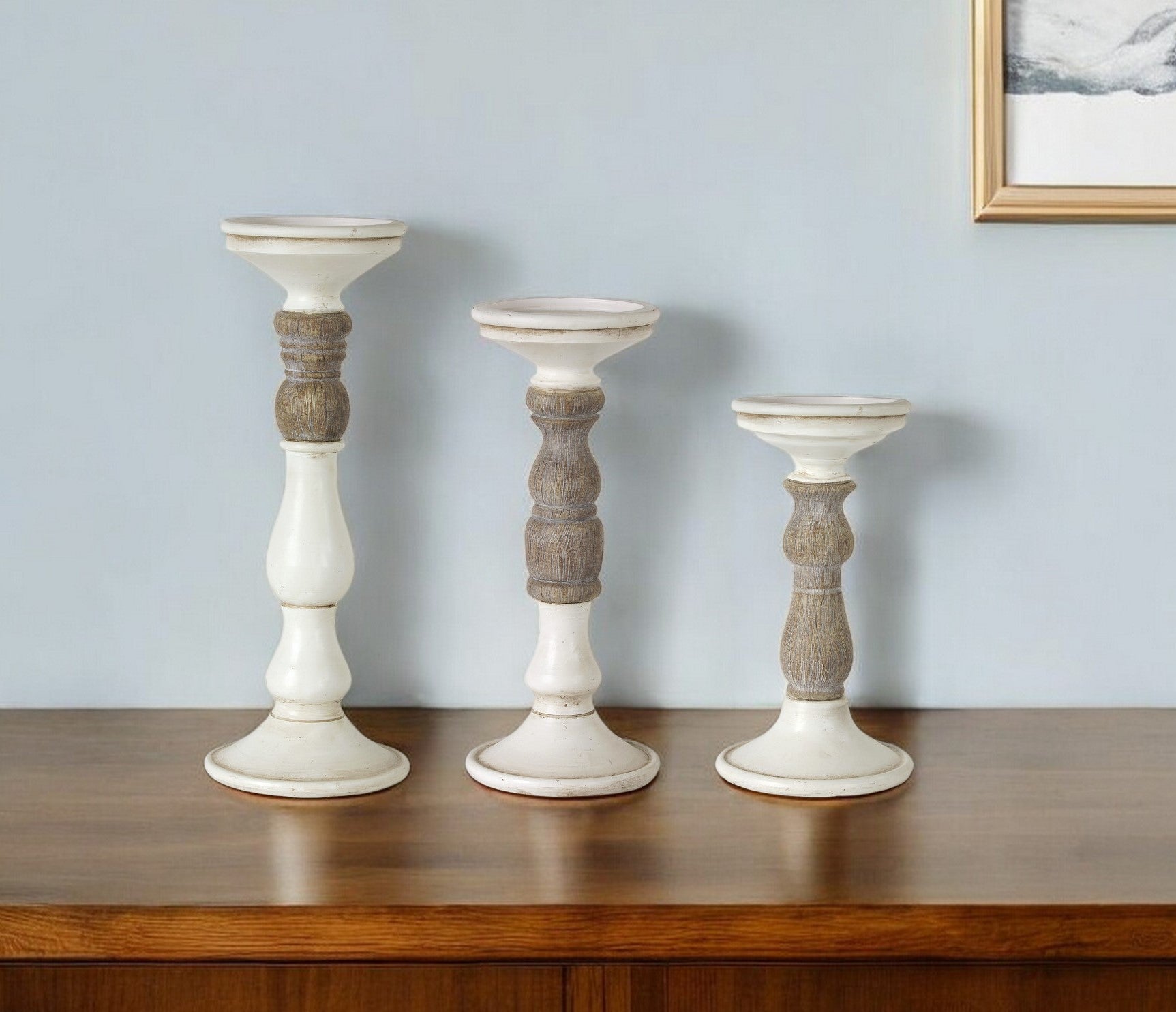 Set of Three Ivory and Natural Resin Tabletop Pillar Candle Holders Homeroots Home Decor