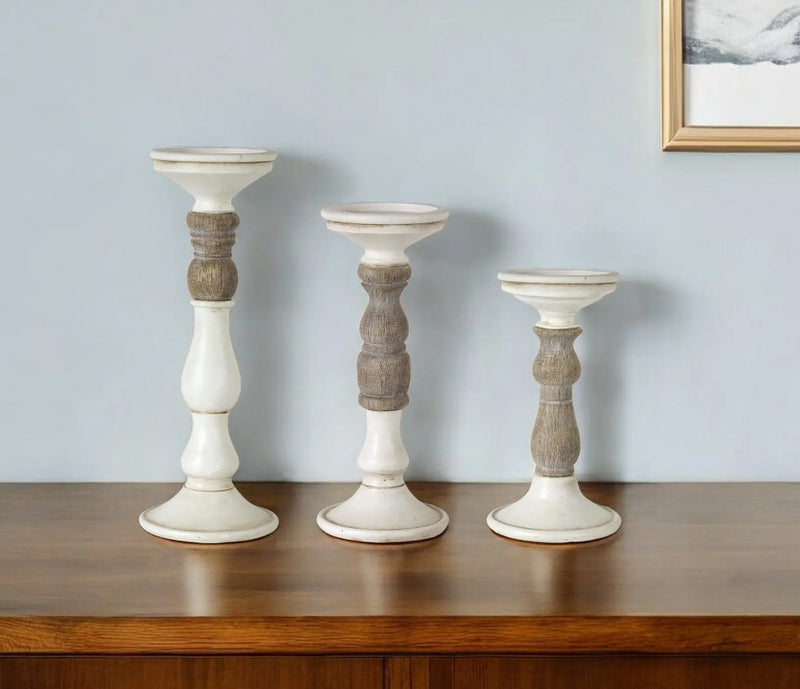 Set of Three Ivory and Natural Resin Tabletop Pillar Candle Holders Homeroots Home Decor
