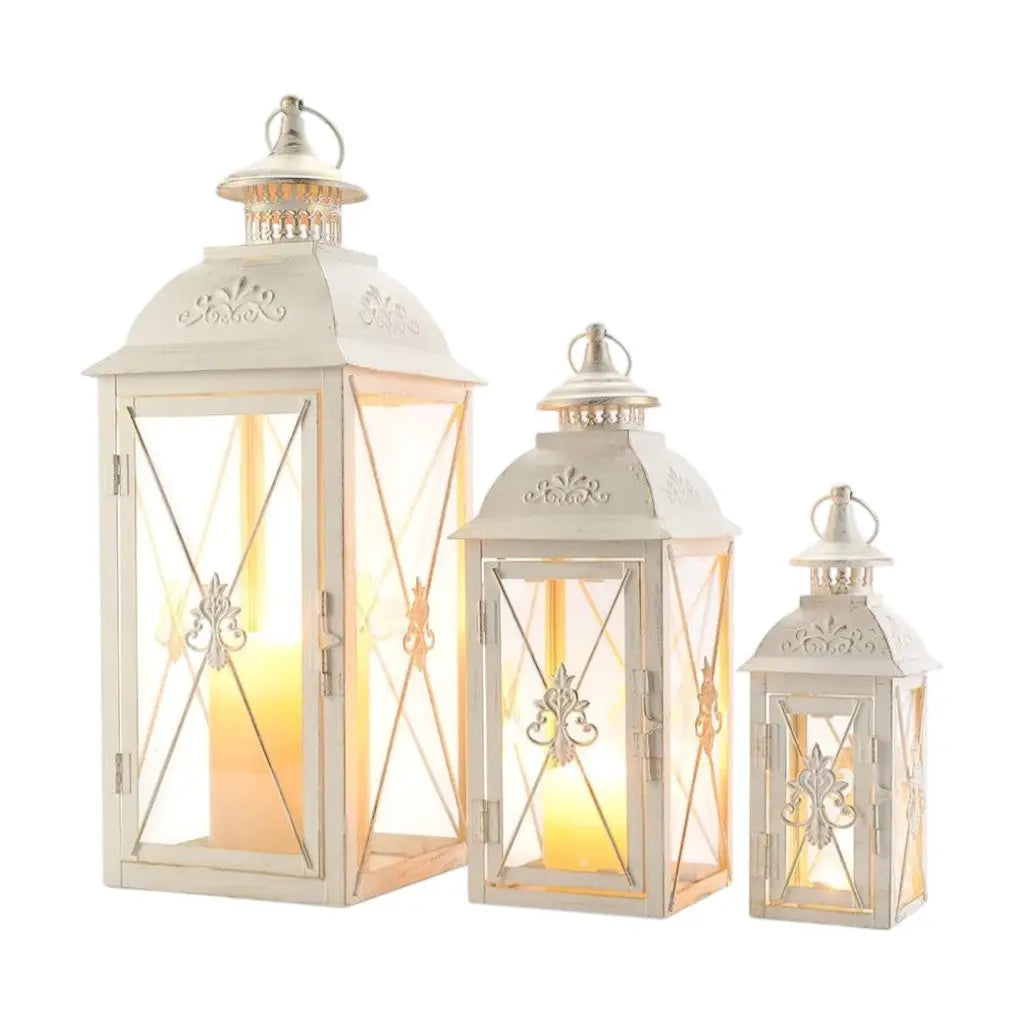 Set of Three White Distressed Glass Tabletop Lantern Candle Holders Homeroots Home Decor