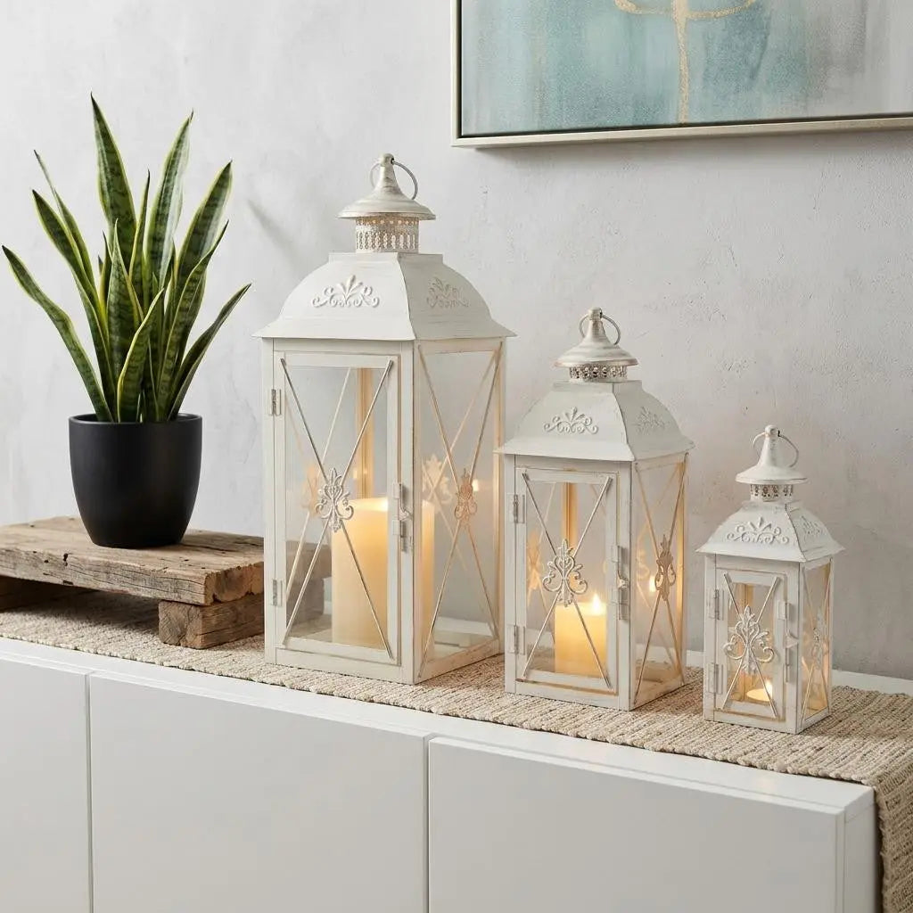Set of Three White Distressed Glass Tabletop Lantern Candle Holders Homeroots Home Decor
