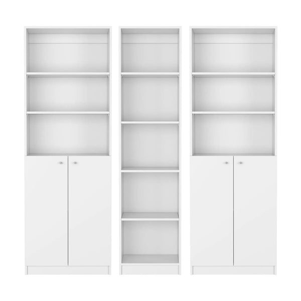 Set of Three White Wood Five Tier Modular Bookcase with Four Doors Homeroots Office