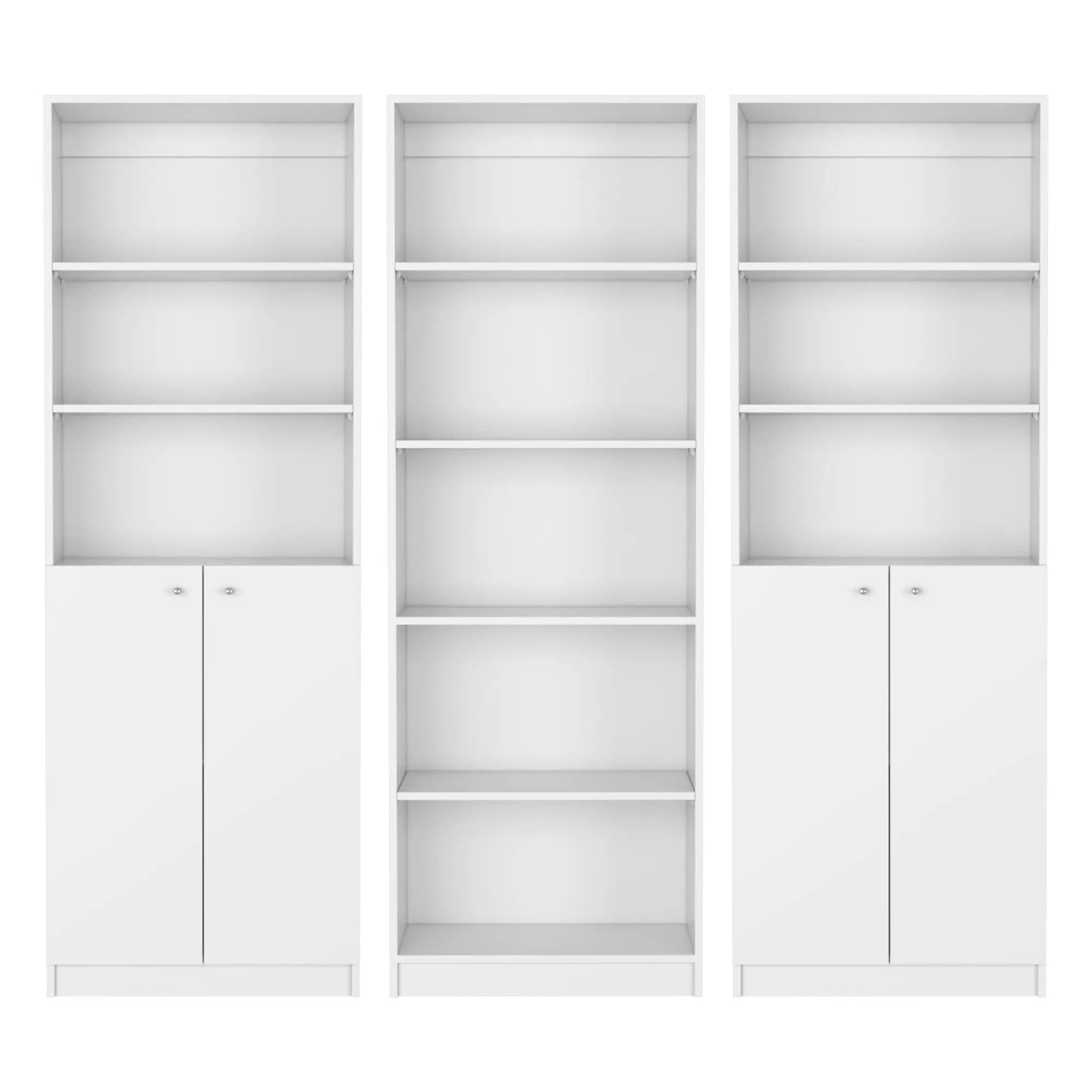 Set of Three White Wood Five Tier Modular Bookcase with Four Doors Homeroots Office