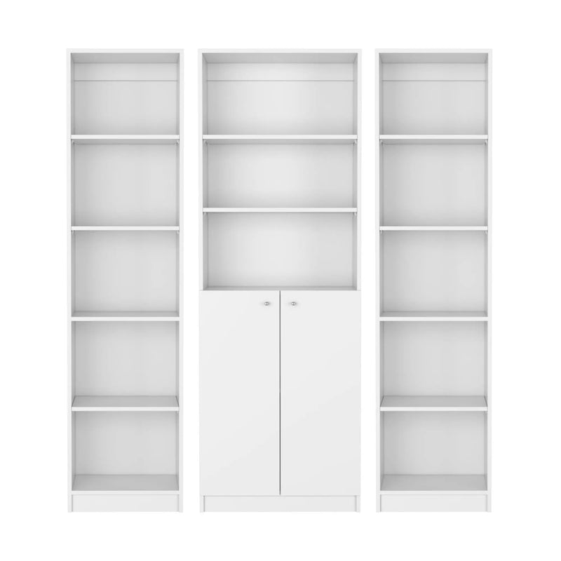 Set of Three White Wood Five Tier Modular Bookcase with Two Doors Homeroots Office