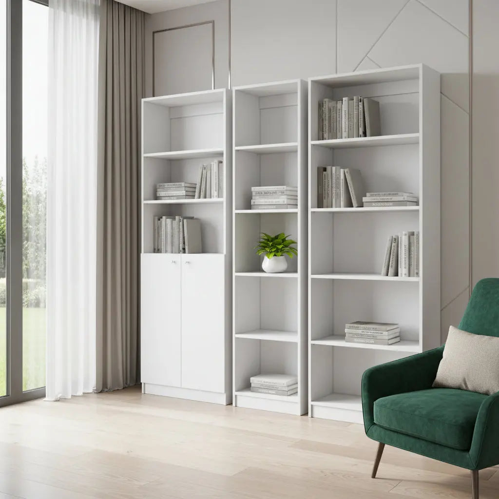 Set of Three White Wood Five Tier Modular Bookcase with Two Doors Homeroots Office