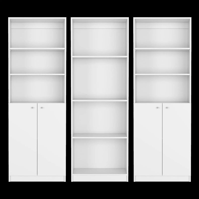 Set of Three White Wood Ten Tier Modular Bookcase with Four Doors Homeroots Office