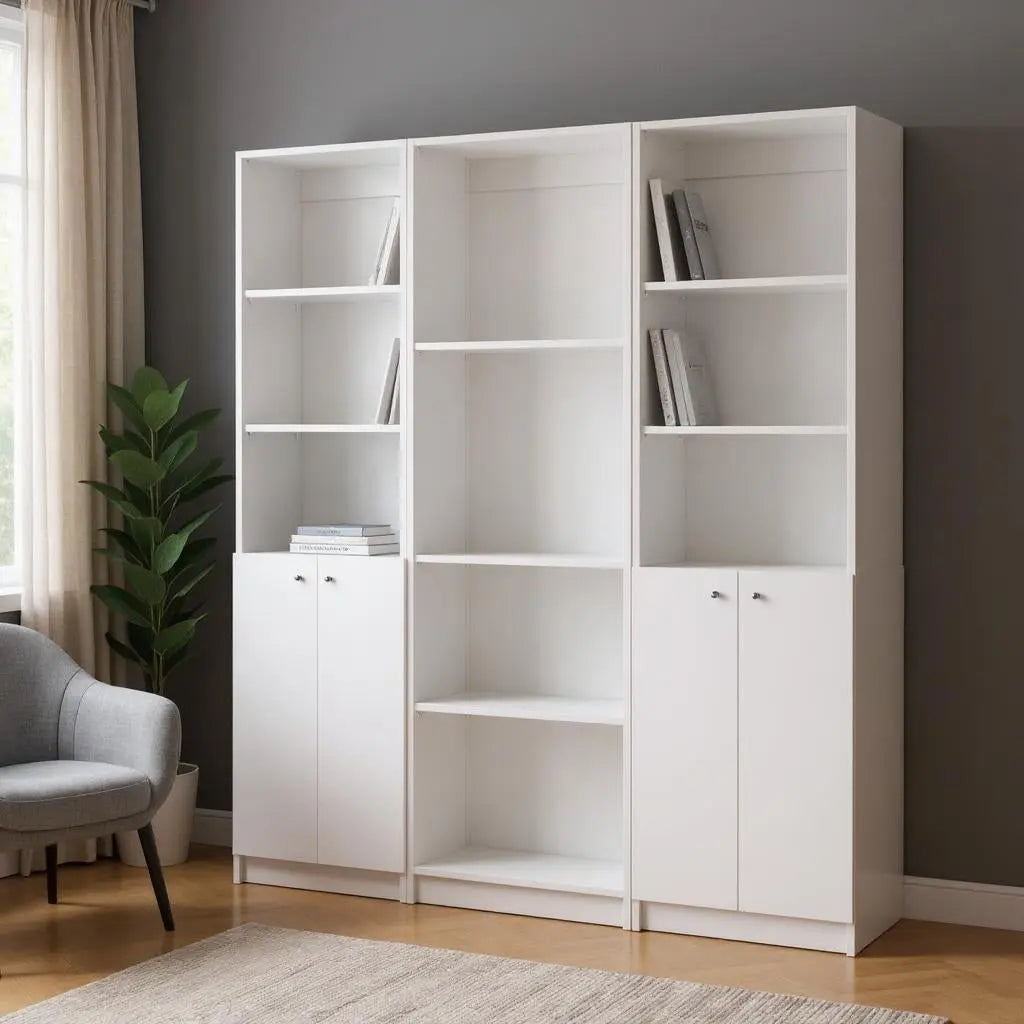 Set of Three White Wood Ten Tier Modular Bookcase with Four Doors Homeroots Office