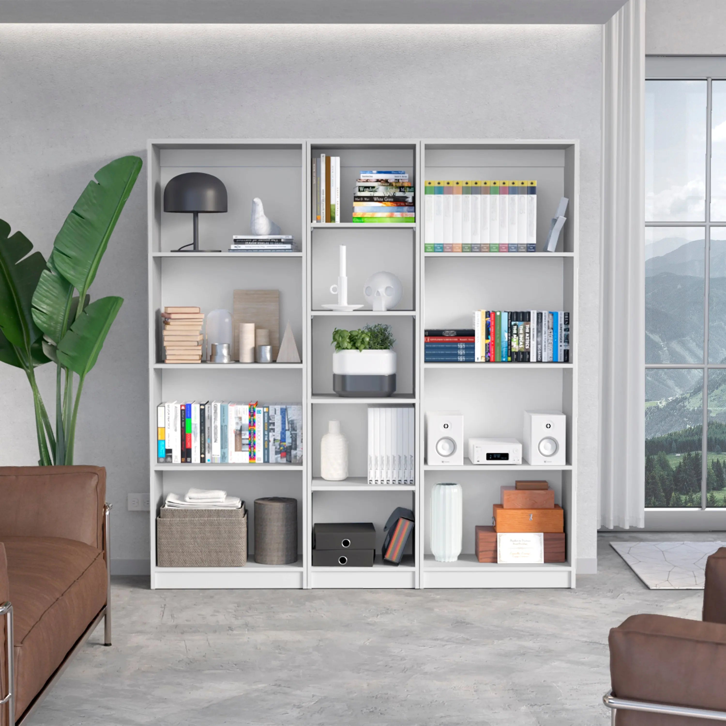 Set of Three White Wood Thirteen Tier Modular Bookcase Homeroots Office