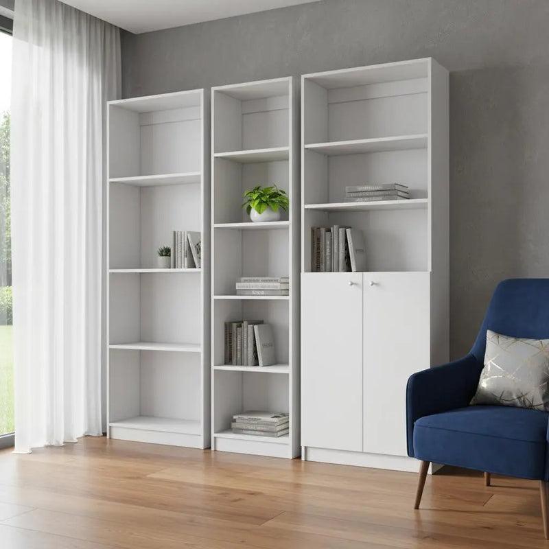 Set of Three White Wood Twelve Tier Modular Bookcase with Two Doors Homeroots Office