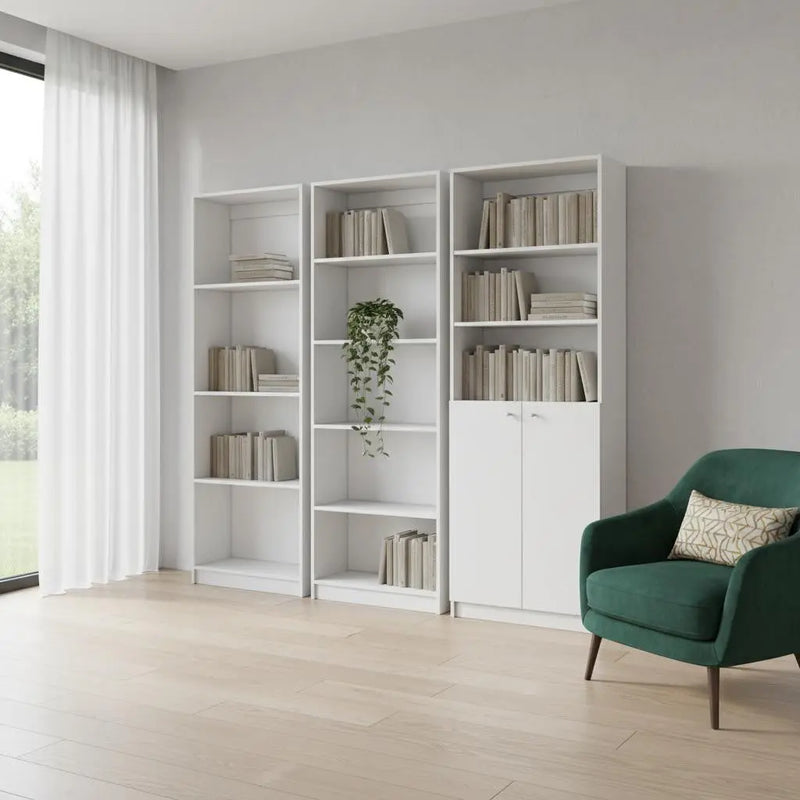 Set of Three White Wood Twelve Tier Modular Bookcase with Two Doors Homeroots Office