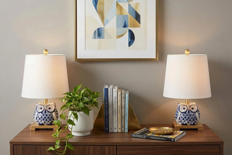 Set of Two 16" Gold Novelty Bedside Lamps With Empire Shades Homeroots Lighting