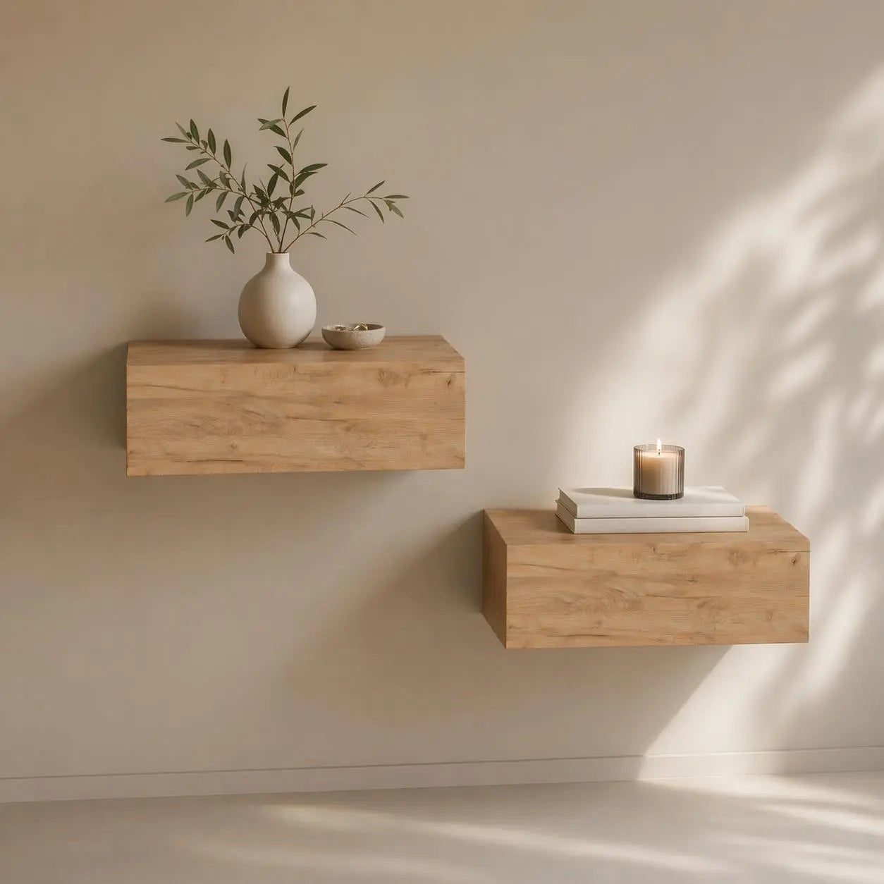 Set of Two 16" Natural And Oak Wood One Drawer Floating Nightstand Homeroots Bed & Bath