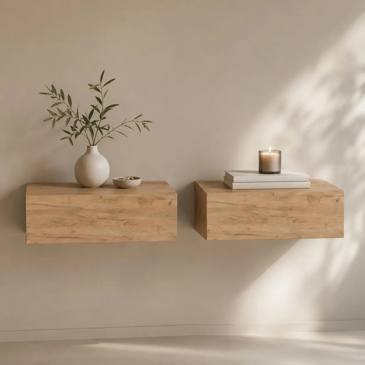 Set of Two 16" Natural And Oak Wood One Drawer Floating Nightstand Homeroots Bed & Bath