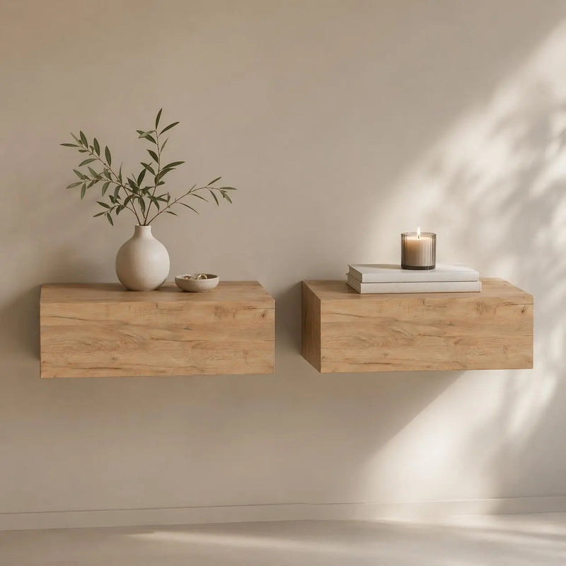 Set of Two 16" Natural And Oak Wood One Drawer Floating Nightstand Homeroots Bed & Bath