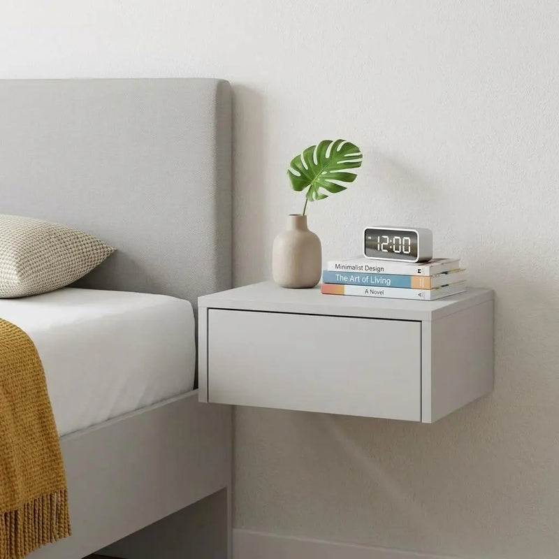 Set of Two 16" White Wood One Drawer Floating Nightstand Homeroots Bed & Bath
