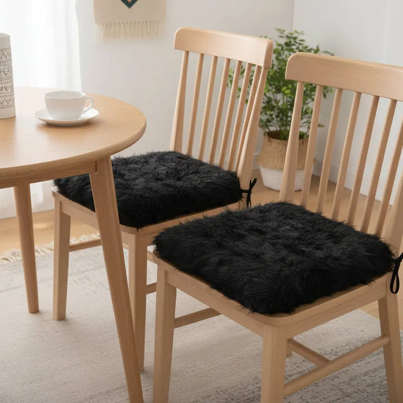 Set of Two 16" X 2" Black Faux Fur Chair Pads Homeroots Kitchen & Dining