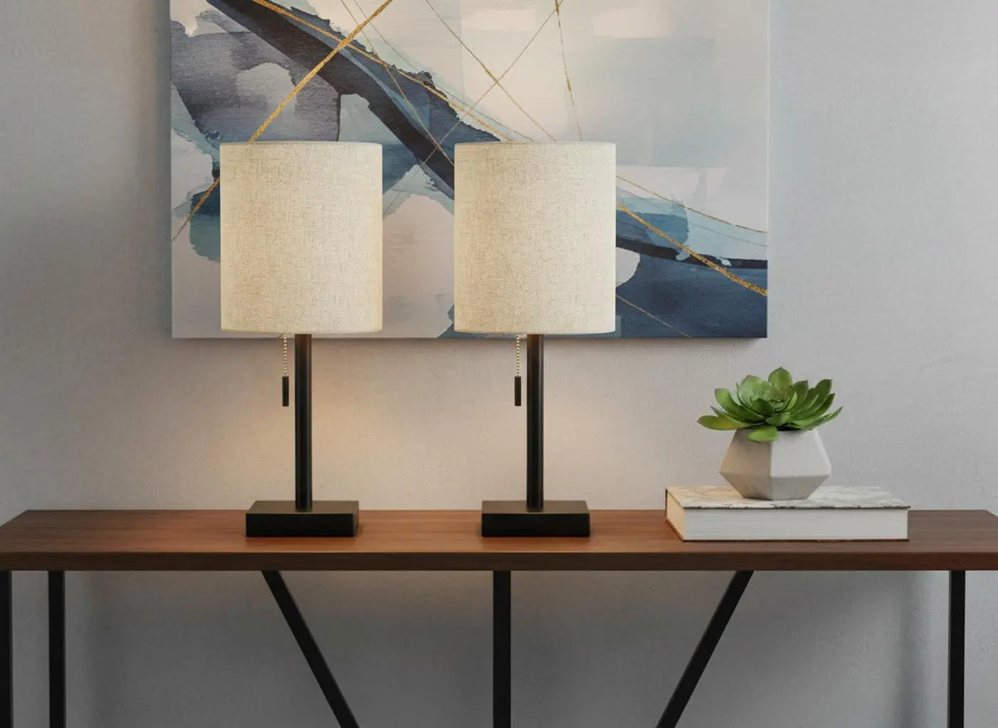 Set of Two 17" Black Metal Candlestick USB Table Lamps With Beige Drum Shade Homeroots Lighting