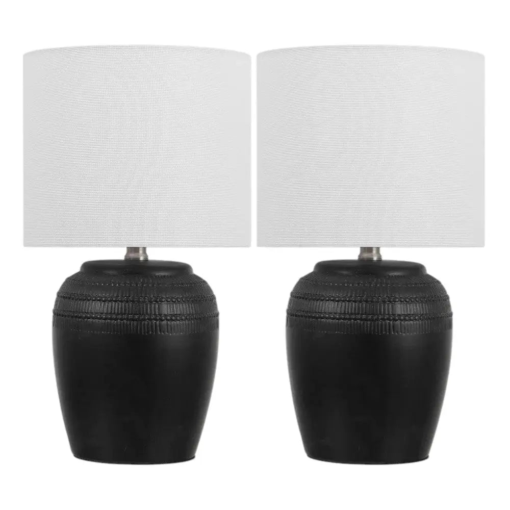 Set of Two 17" Clear Gourd Table Lamps LED With Drum Shades Homeroots Lighting