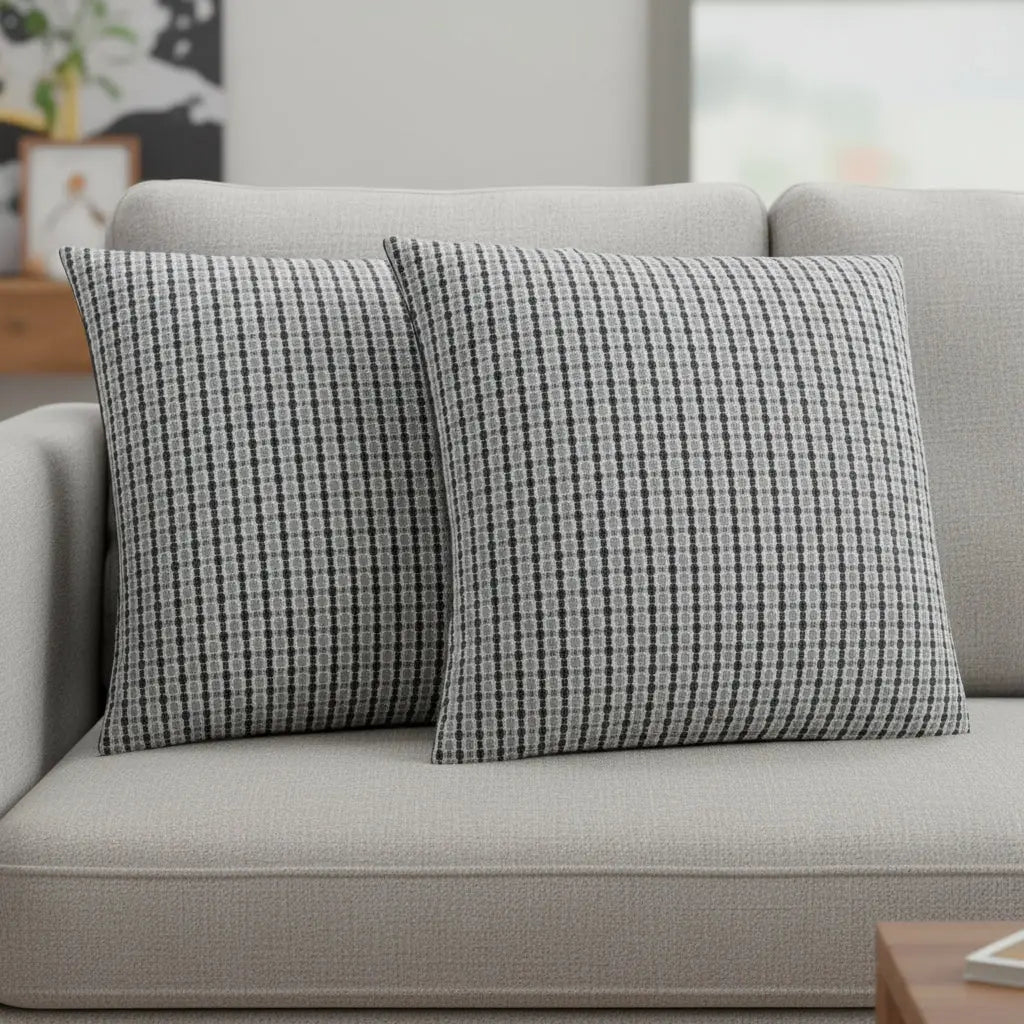 Set of Two 18" Black Gray And White Fabric Striped Throw Pillows Homeroots Home Decor