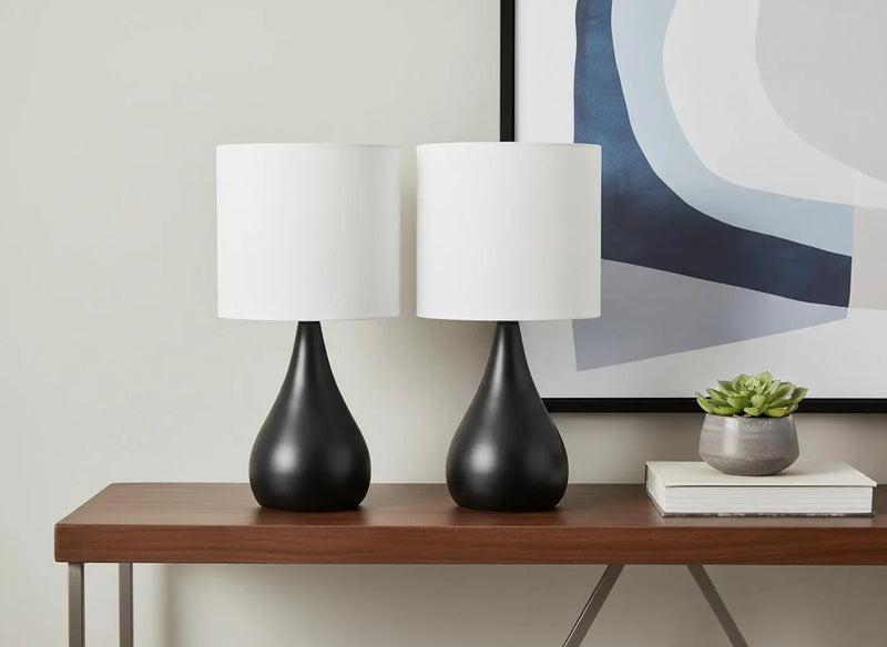 Set of Two 18" Black Metal Round Table Lamps With Ivory Drum Shade Homeroots Lighting