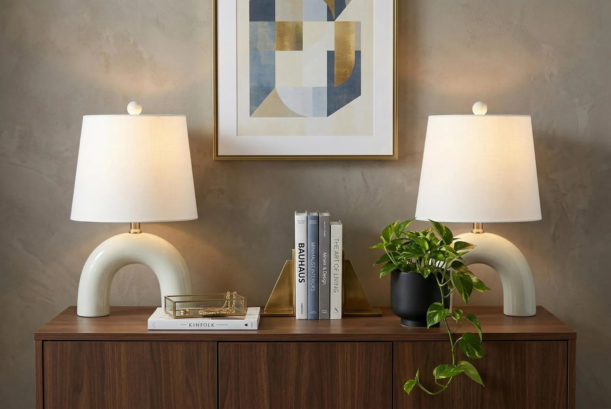 Set of Two 18" White Geometric Arched Lamps With Empire Shades Homeroots Lighting