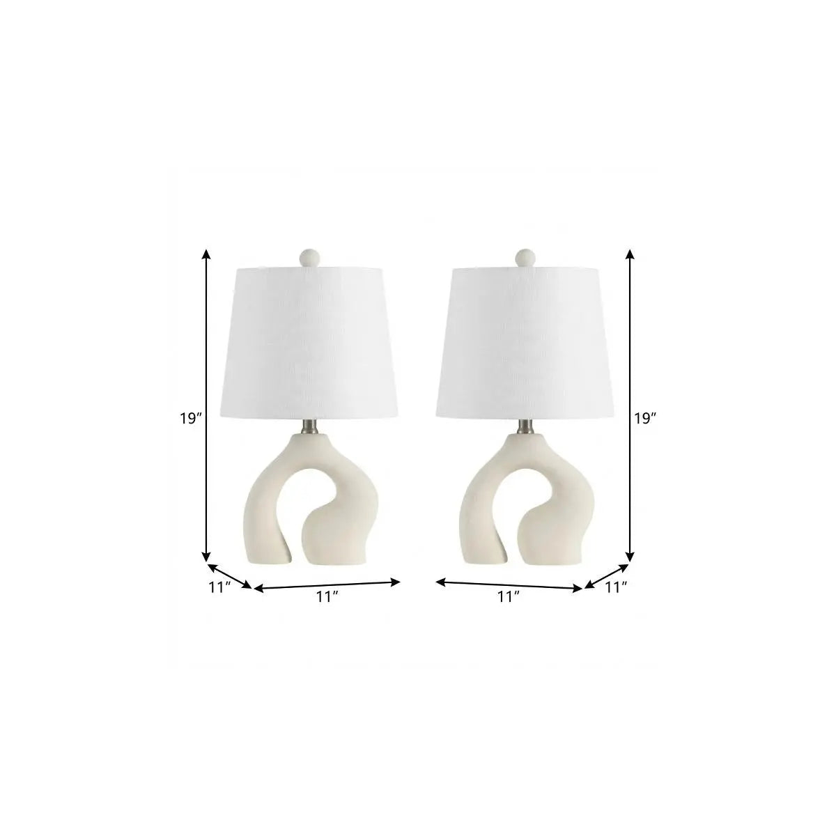 Set of 2 white ceramic lamps with curved base and fabric shades, 19" tall, modern home decor accent.