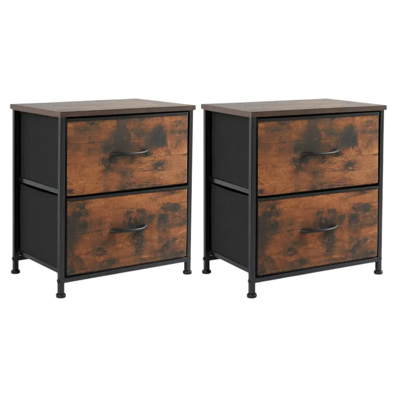 Set of Two 20" Brown Iron and Wood Two Drawer Nightstand Homeroots