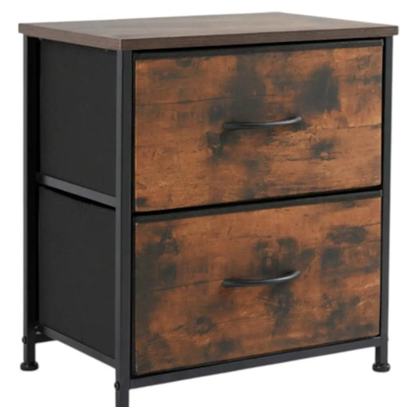 Set of Two 20" Brown Iron and Wood Two Drawer Nightstand Homeroots