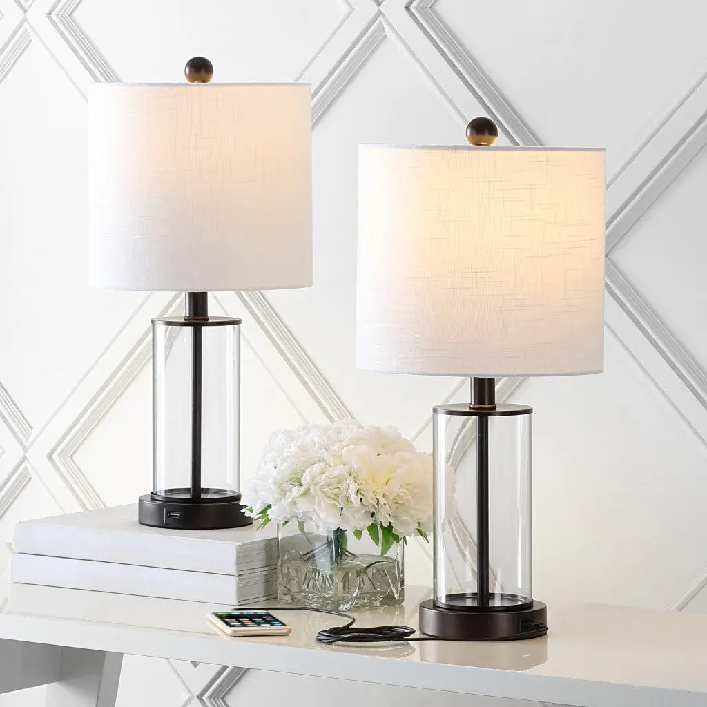 Set of Two 21" Antiqued Bronze USB Table Lamps With Drum Shades Homeroots Lighting