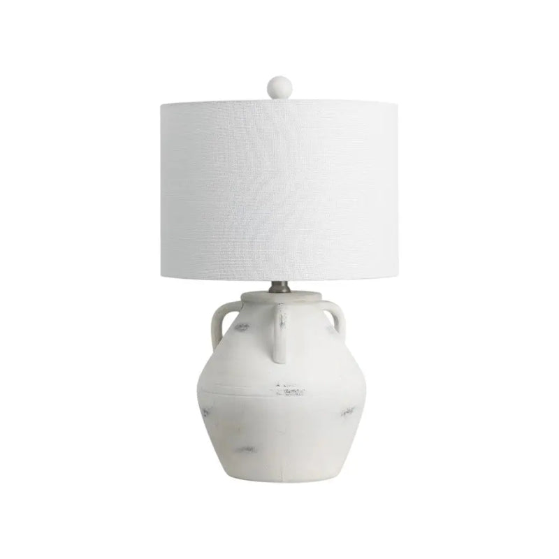 White ceramic table lamp with textured fabric shade and dual handles, perfect for modern and rustic decor.