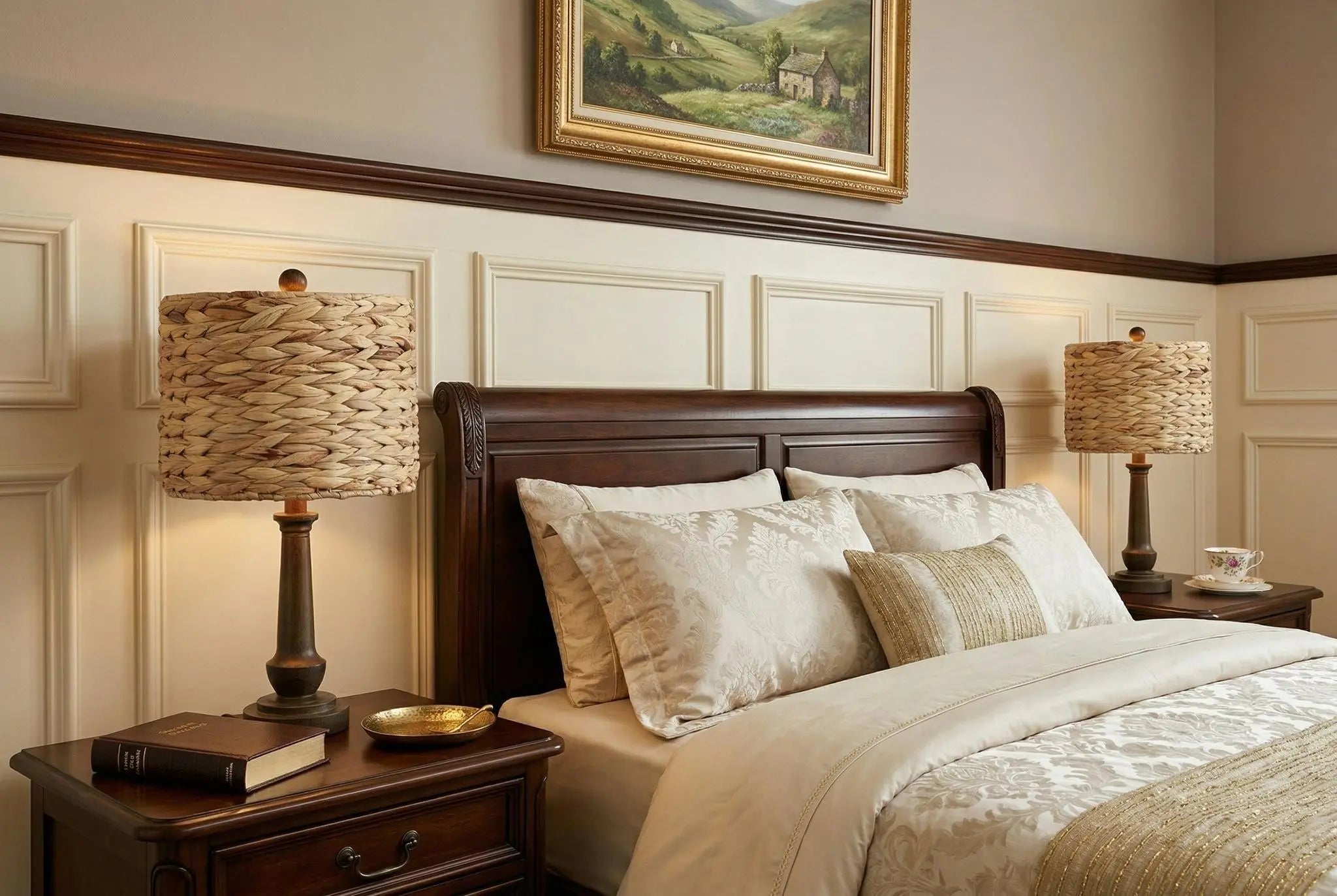 Set of Two 21" Dark Brown Bedside Lamps With Drum Shades Homeroots Lighting