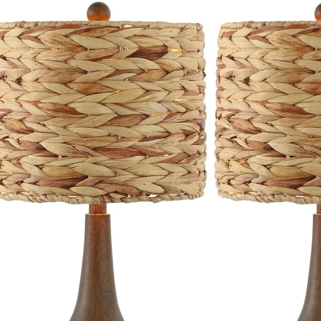 Set of Two 21" Dark Brown Gourd Bedside Lamps With Drum Shades Homeroots Lighting