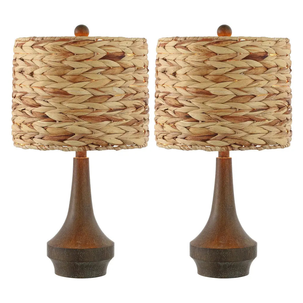 Set of Two 21" Dark Brown Gourd Bedside Lamps With Drum Shades Homeroots Lighting