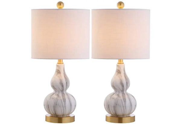 Set of Two 21" Gold Gourd Desk Lamps With Drum Shades Homeroots Lighting