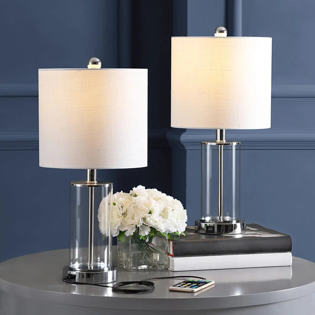 Set of Two 21" Silver USB Table Lamps With Drum Shades Homeroots Lighting