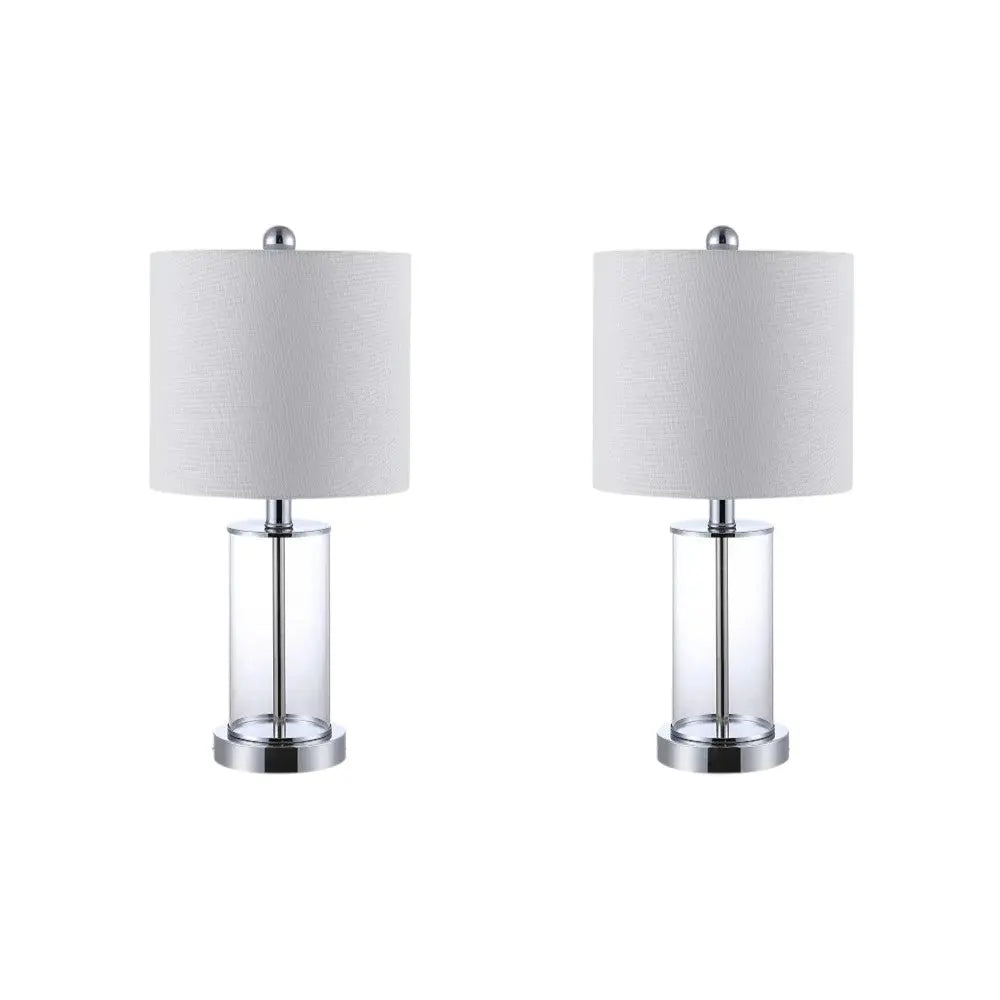 Set of Two 21" Silver USB Table Lamps With Drum Shades Homeroots Lighting