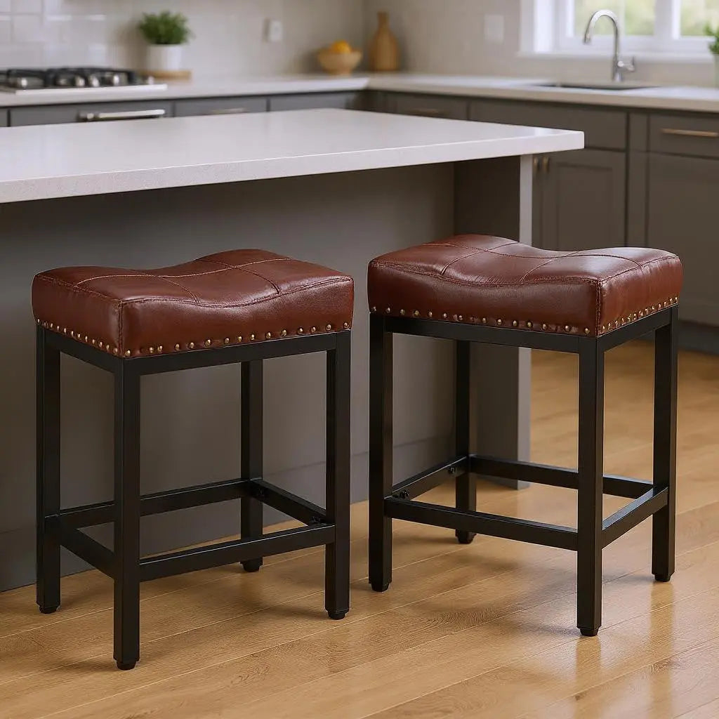 Set of Two 22" Brown and Black Faux Leather and Steel Backless Bar Chairs Homeroots Living Room