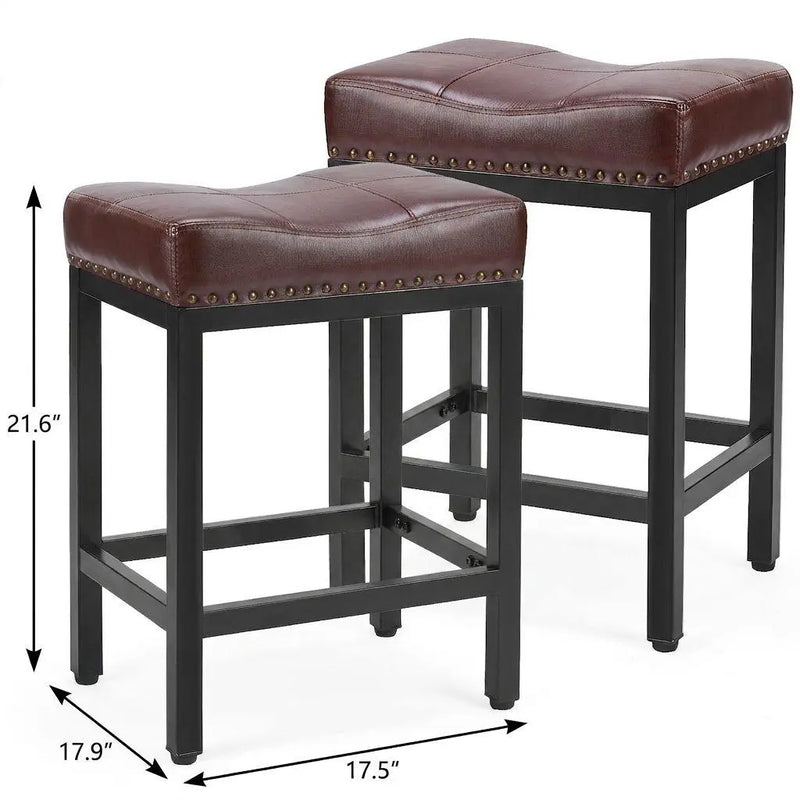Set of Two 22" Brown and Black Faux Leather and Steel Backless Bar Chairs Homeroots Living Room