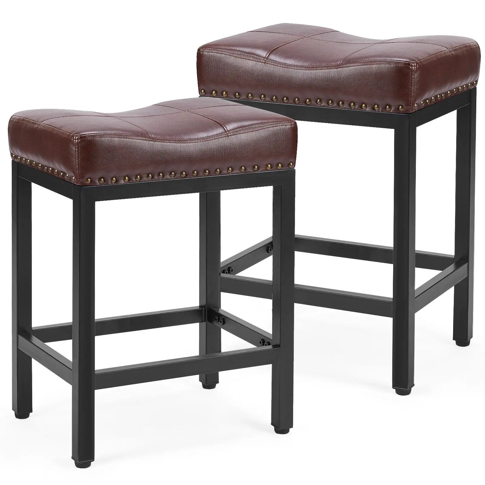 Set of Two 22" Brown and Black Faux Leather and Steel Backless Bar Chairs Homeroots Living Room