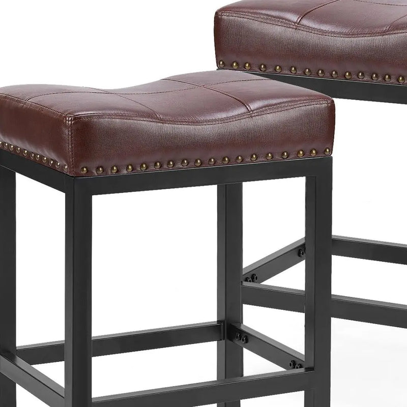Set of Two 22" Brown and Black Faux Leather and Steel Backless Bar Chairs Homeroots Living Room